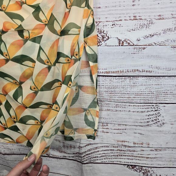 Farm Rio Mesh Midi Dress S Yellow Green Orange Sun Print Pockets Ruch Slits Line - Picture 8 of 16